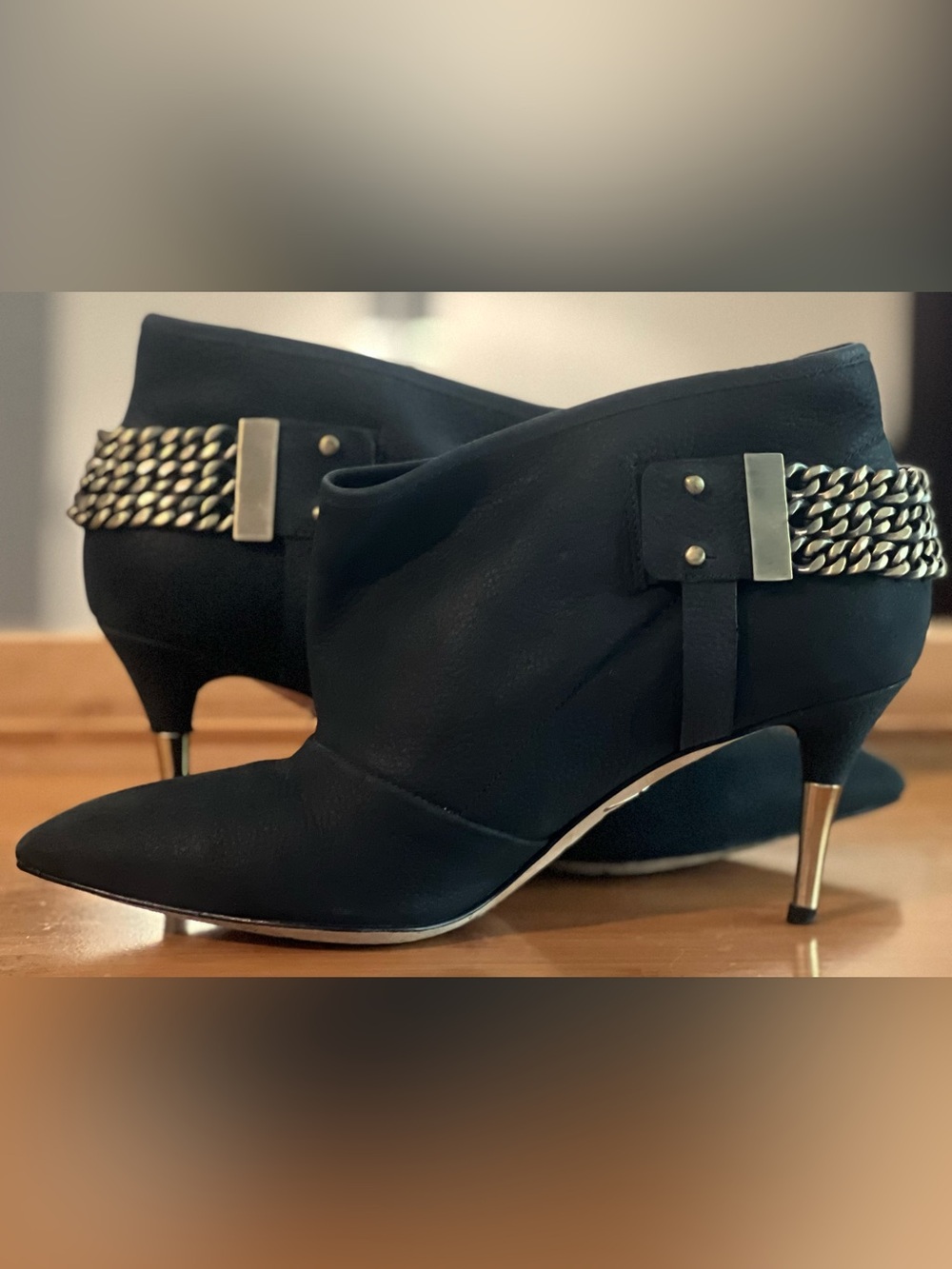 Brian Atwood Y2K Black Bootie w/Brass Cuban Chain Cuff & Stiletto Detailing